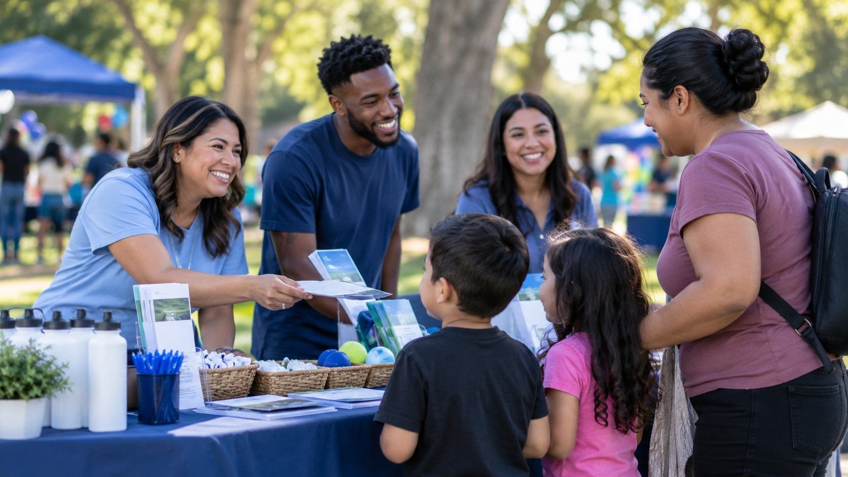 Strive High Academy volunteers talking with a family at a community resource table