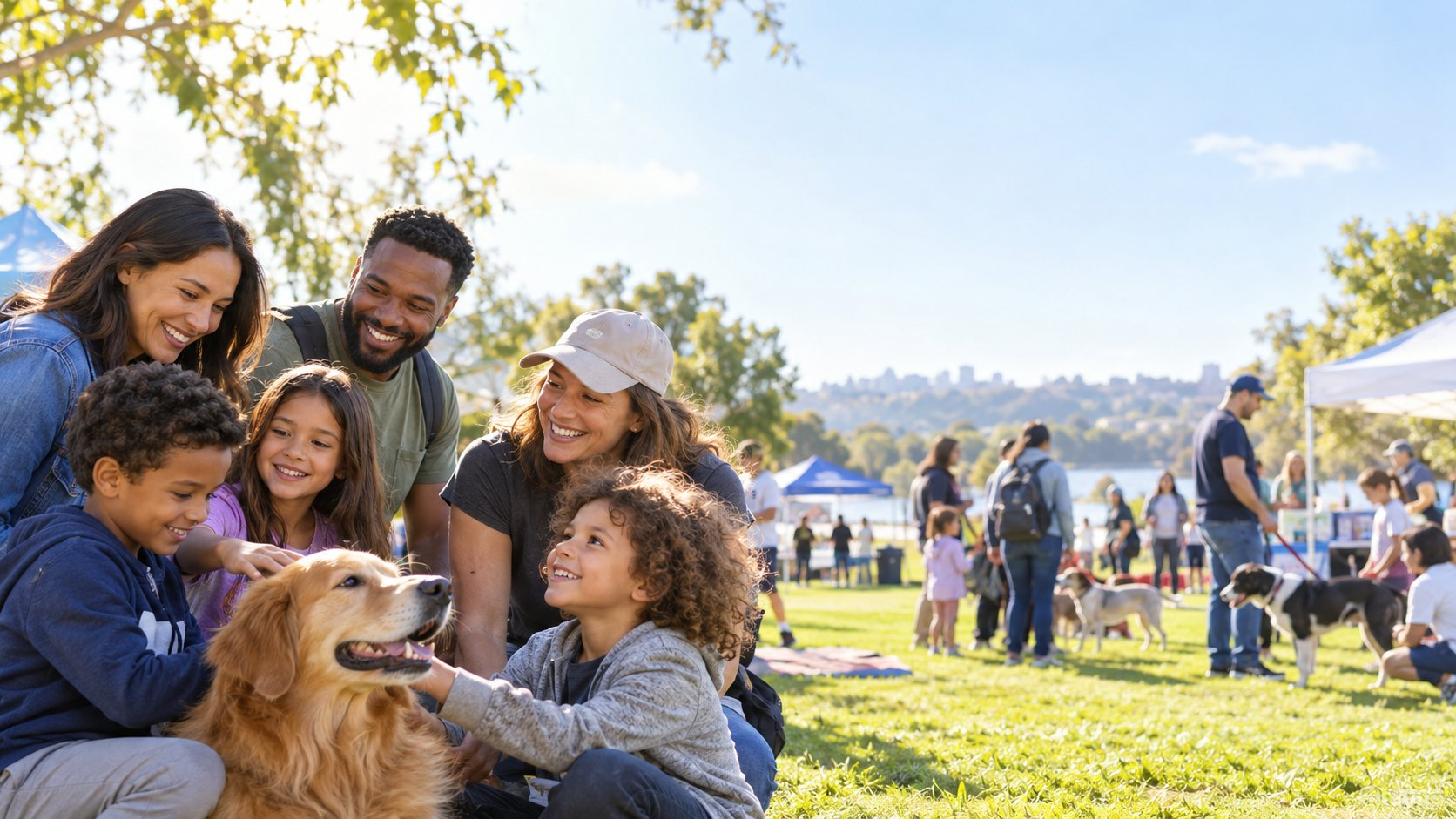 A family kneeling in a park petting a golden retriever together