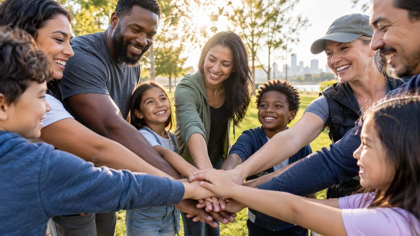 Children and adults standing in a circle in a park with their hands stacked together