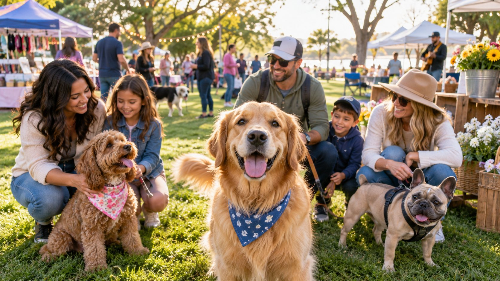 Families and their dogs in bandanas at an outdoor community market in a park