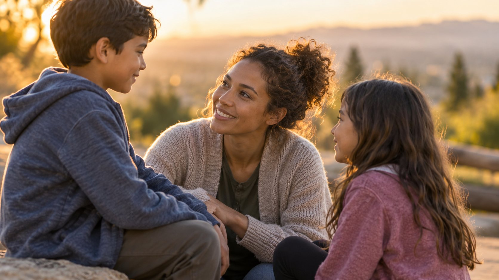 A mother sitting outside at sunset talking with her son and daughter